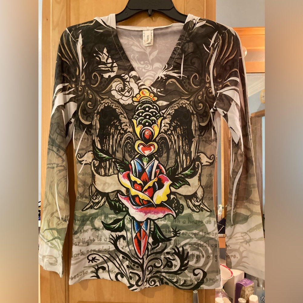Y2K~ ABAN Long sleeve Silky poly spandex design T-shirt..SizeLarge
